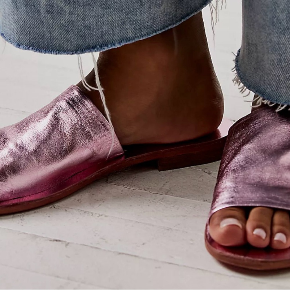 Free People Metallic Pink Leather Vicente Women's Slide Sandals, size 11, EU 41.